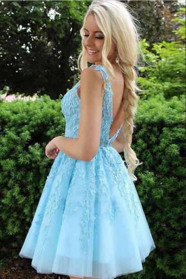 Cute Sky Blue Floral Lace V-Neck Short Homecoming Dress Sleeveless Party Dress_2