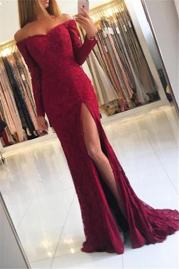 Cheap Long Sleeves Sheath Lace Evening Dresses | Side Slit Off Shoulder Prom Dresses 2022