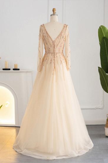Elegant Sequins Beading A-line Eveing Party Dress V-neck Long Sleeves Tulle Party Gown_2