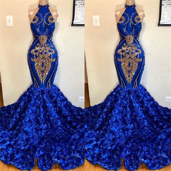 Royal Blue Halter Mermaid Prom Dresses | Gorgeous Sleeveless Flowers Long Evening Gowns_2