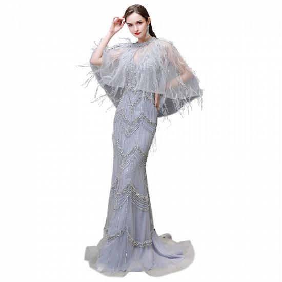Gorgeous Silver Feather Cape Mermaid Sparkle Prom Dress_12