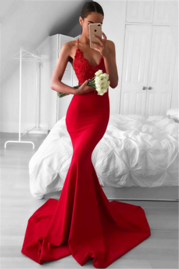 Spaghetti-Träger tiefer V-Ausschnitt Rote Abendkleider 2022 Mermaid Sexy Ballkleid_2