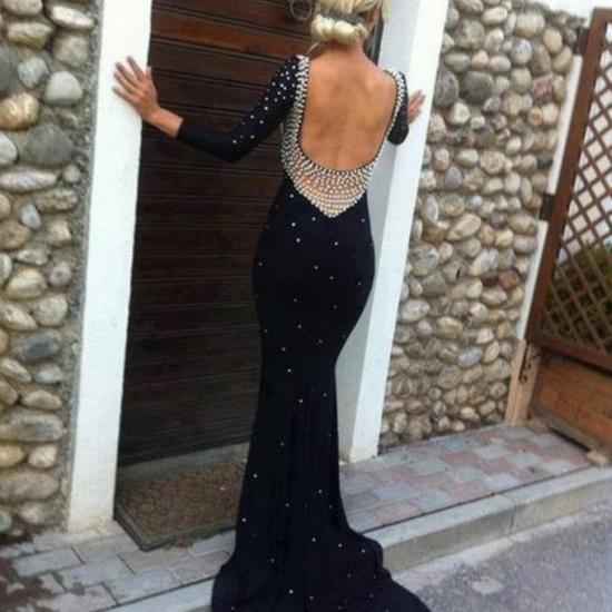Long Sleeve Mermaid Sexy Prom Gowns 2022 Scoop Open Back Beadings Evening Dresses_2