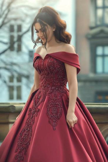 Burgundy Off Shoulder A Line Satin Wedding Dresses Bridal Gowns With Lace_3