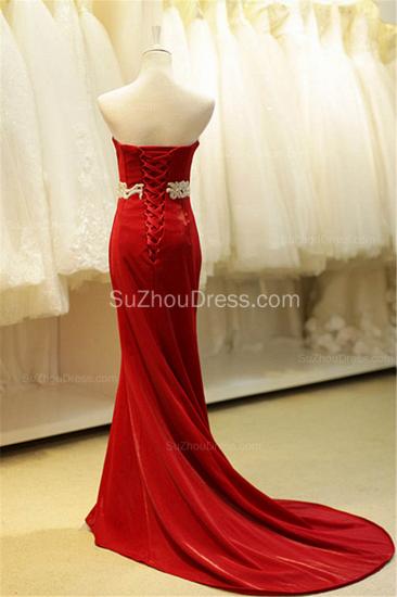 Sheath Modest Red Strapless Long Evening Dresses with Crystal Belt Affordable Lace-up Sexy Dresses for Women_2