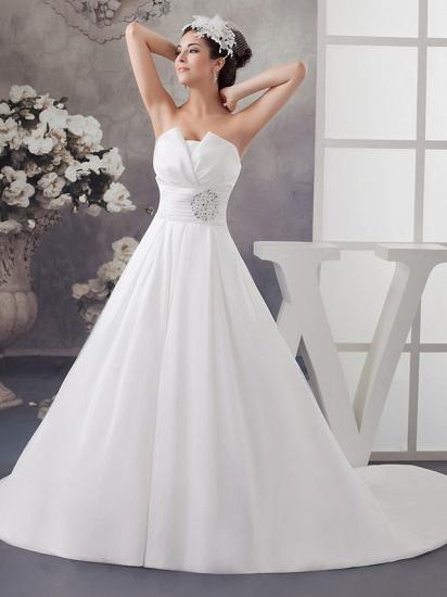 A-Line Wedding Dress Strapless Satin Strapless Bridal Gowns with Chapel Train_1
