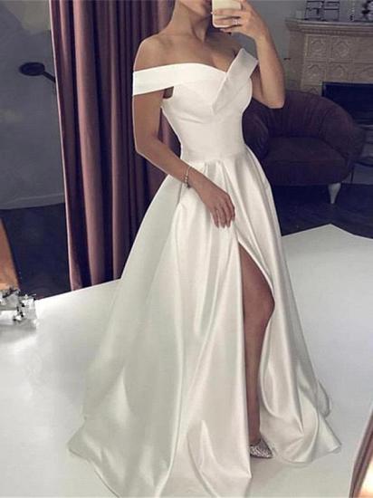 White Silky Off-the-shoulder High split Princess Wedding Dress_1