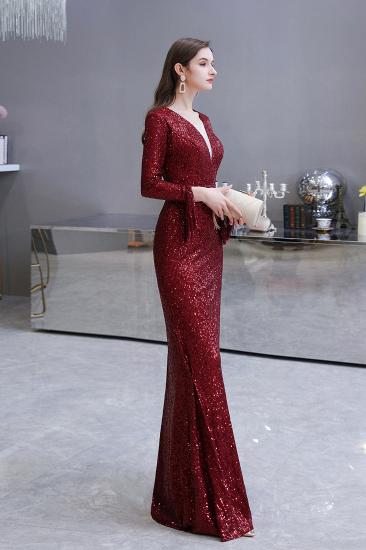 Elegant Sparkle Sequined Burgundy Long sleeve V-neck Mermaid Long Prom Dress_19