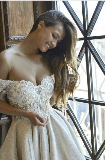 Fashion Off Shoulder Lace Applique Short Wedding Dress Sequin Sequin Bridal Dress_5