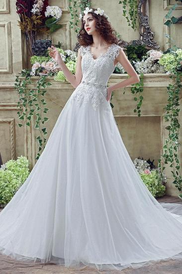 Cute Lace Ivory Wedding Dresses Sheath Sweep Train Backless Cap Sleeves with Appliques_1