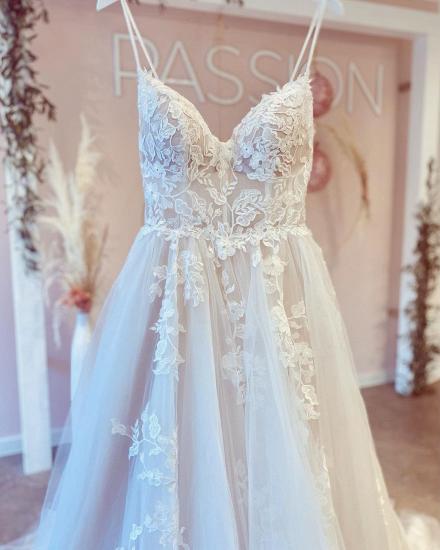Elegant Spaghetti Strap White Floral Erin Wedding Dress Sleeveless Lace Bridal Dress_3