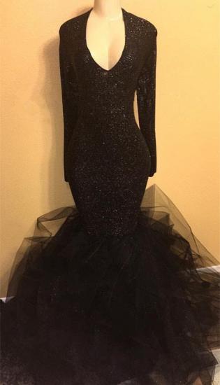 Black Sequins Long Sleeve Prom Dress 2022 | V-neck Ruffles See Through Tulle Evening Gown