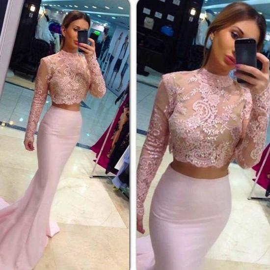 Mermaid High Collor Long Sleeve Evening Dress Two-Piece Lace Applique 2022 Party Dresses_3