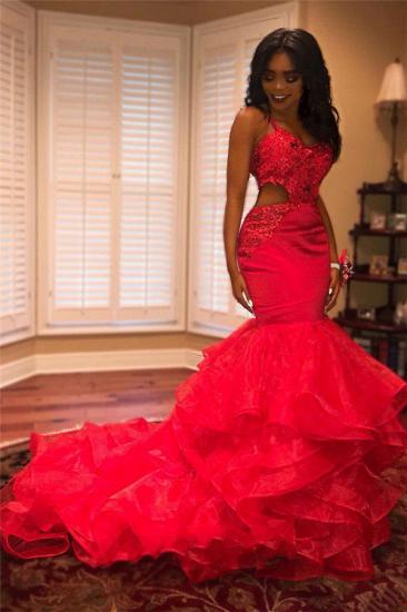 Spaghettiträger Open Back Mermaid Red Abendkleid 2022 | Abgestufte Rüschen Perlen Applikationen sexy Abschluss Kleid billig
