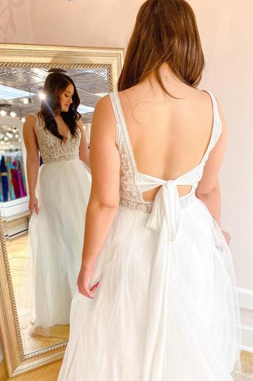 Romantic A-Line Tulle Floor Length Wedding Dress | V Neck Backless Spaghetti Strap Wedding Dress_2