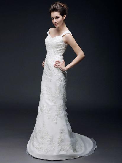 Affordable Mermaid Off Shoulder Wedding Dress Organza Short Sleeve Bridal Gowns with Sweep Train_3
