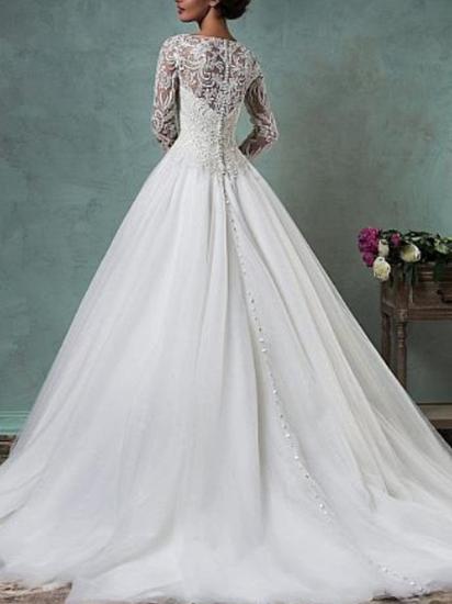 Glamorous A-Line Wedding Dresses Jewel Lace Tulle Long Sleeve Bridal Gowns Illusion Sleeve Bridal Gowns Sweep Train_2