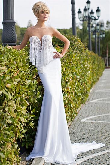 Sexy Sweetheart Pearls Mermaid Wedding Dresses 2022 Chiffon Sweep Train Bridal Gowns_1