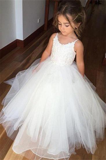 Lovely Sleeveless Spaghetti Straps Lace Flower Girl Dresses | White Tulle Ball Gown Pageant Dresses 2022