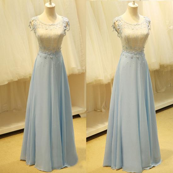 Baby Blue Evening Dresses with Flowers Lace Appliques Pretty Long Prom Gowns with Pearls_3
