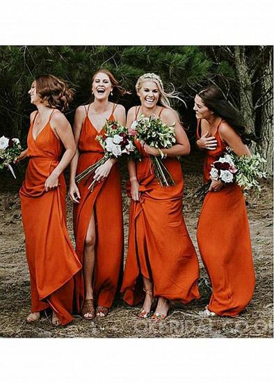 Shop Cheap Chiffon Spaghetti Straps Orange Long Sheath/Column Bridesmaid Dresses