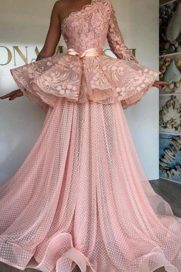 Stunning One Shoulder Tulle Pink Evening Prom Dress with Floral Lace
