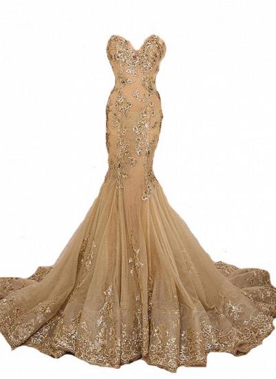 Gold Lace-Appliques Lace-Up Sweetheart-Neck Mermaid Long Prom Dresses
