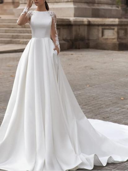 A-Line Wedding Dress Jewel Lace Satin Long Sleeves Bridal Gowns Simple Sexy See-Through with Sweep Train