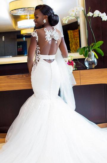 Romantic White Mermaid Cap Sleeve Wedding  Dress| New Arrival Tulle Bridal Gown_2