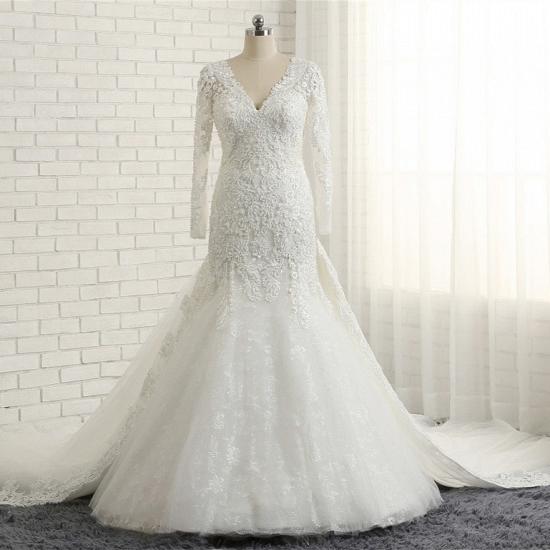 TsClothzone Unique Mermaid Longsleeves V-neck Wedding Dresses White Lace Bridal Gowns With Appliques On Sale_6