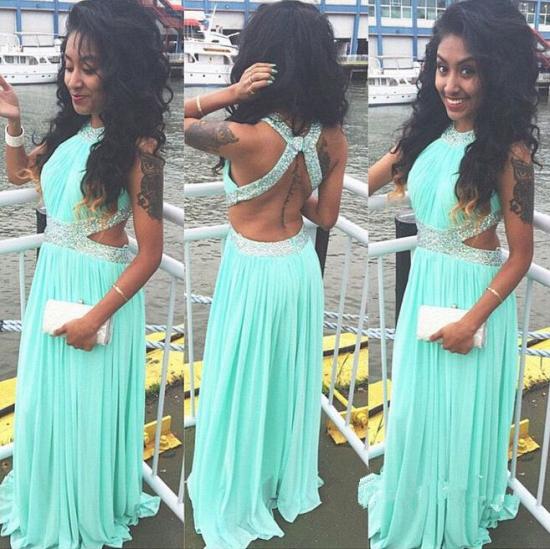 A-Line Green Chiffon Long Prom Dress with Beadings New Arrival Halter Open Back Evening Dress_2