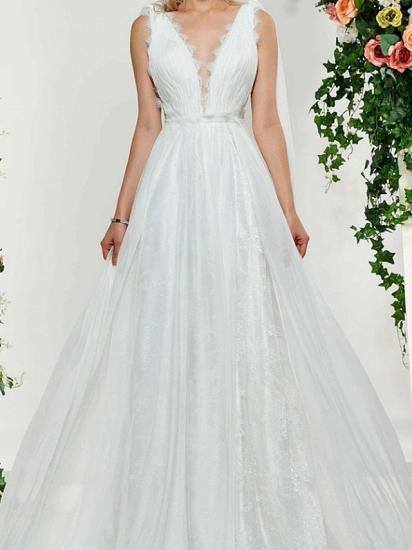 Sexy Backless A-Line V-neck Wedding Dress Lace Tulle Sleeveless Bridal Gowns with Sweep Train_3