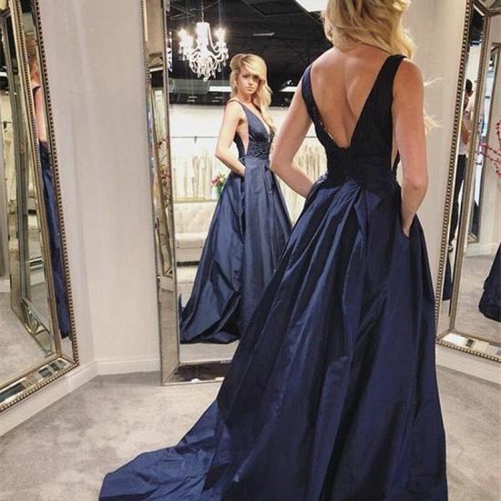 Sexy Deep V Neck Navy Blue Prom Dress | Charming Sleeveless Ruffles Long Prom Gown_2