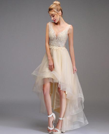 High-low Prom Dress A-line Sleeveless Double V-neck Princess Party Gown Lace Tulle Backless Dress_1