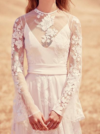 Beach A-Line Jewel Wedding Dress Lace Long Sleeve Bridal Gowns with Sweep Train_2