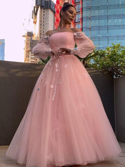 Pink puffy pricess tulle long sleeves floor lenth prom dress_8
