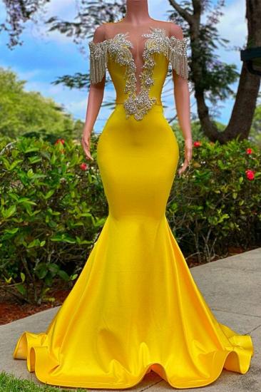 Gorgeous Yellow Tassel Off the Shoulder Beading Prom Dress with Ruffles_1