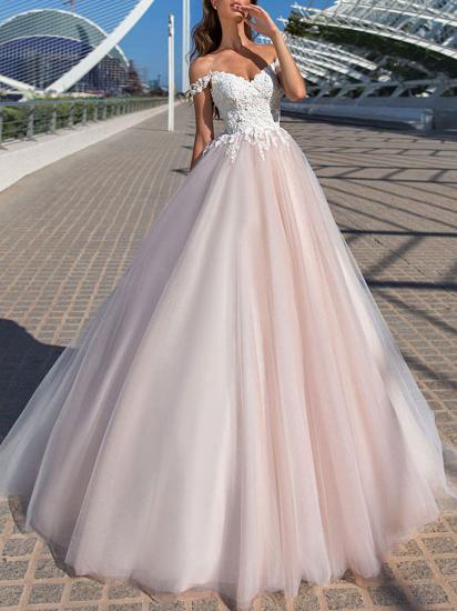 Off The Shoulder Tulle Lace Pearl Pink  A-Line Wedding Dresses Long