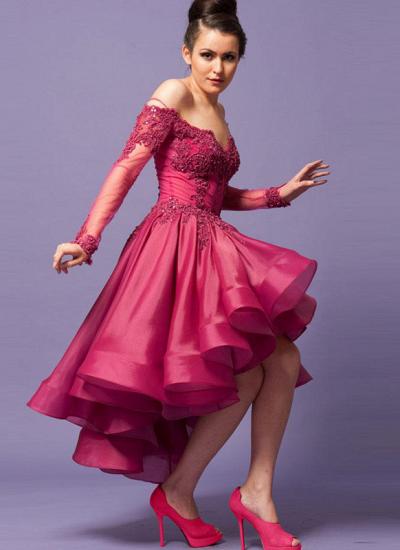 Long Sleeve Fushia Hi-Lo Prom Dress New Arrival Off the Shoulder Lace Evening Gown_2