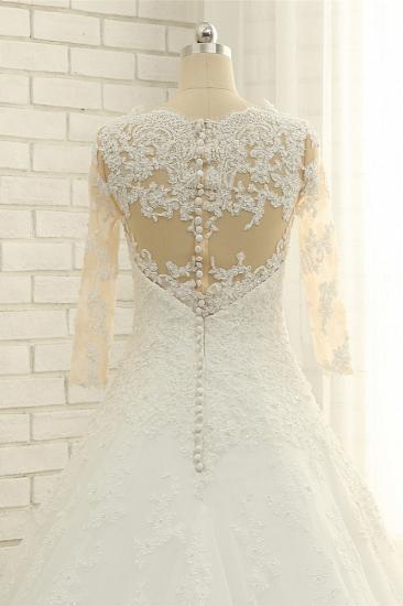 TsClothzone Elegant A-Line Jewel White Tulle Lace Wedding Dress 3/4 Sleeves Appliques Bridal Gowns with Pearls_2