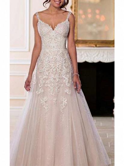Romantic A-Line Wedding Dress V-neck Chiffon Tulle Straps Sexy Backless Bridal Gowns Illusion Details with Sweep Train