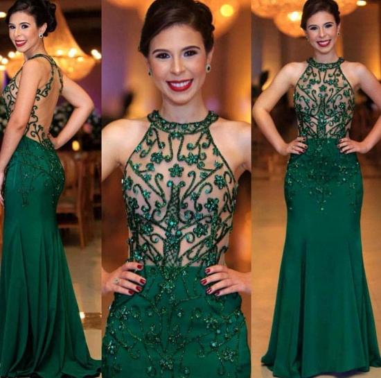 Sexy Sleeveless Round Neck Beading Prom Dresses With Open Back | Dark Green Evening Gowns_2
