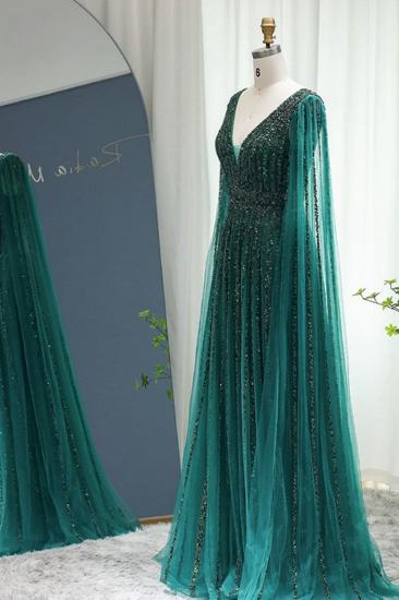 Luxury Deep V-Neck Beading Mermaid Eveing Dress Cape Sleeves Tulle Aline Dubai Party Dress_3