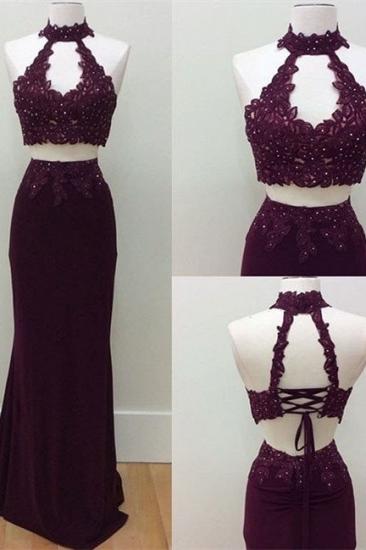 Keyhole High Neck Formal Dress 2022  Lace-Up Sheath Lace Beading Two Piece Prom Dresses