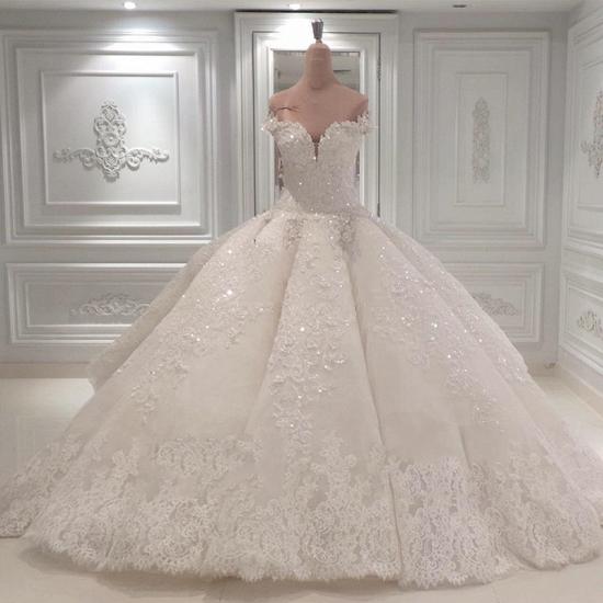 Luxuriöser glänzender Kristall-Schatz weg von der Schulter Lange Brautkleider| Ärmelloses Brautkleid mit langer Schleppe