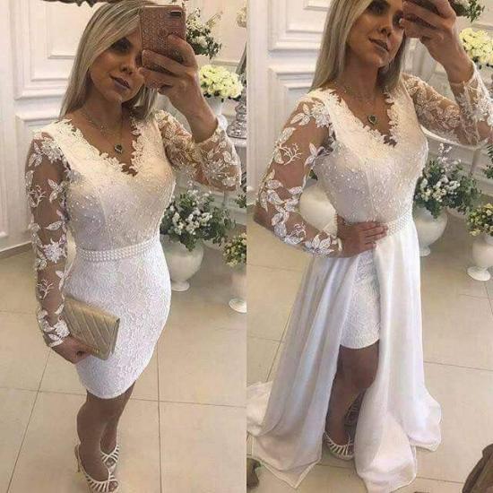 White Long Sleeves Lace Evening Dresses Cheap | 2022 Beaded V-Neck Evening Gowns with Detachable Skirt_3