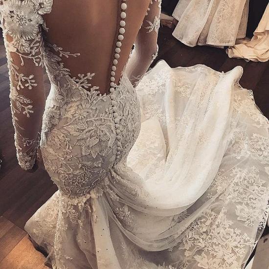 Elegant Long Sleeves Mermaid Wedding Dresses 2022 | Sheer Tulle Lace Bridal Gowns with Buttons_3