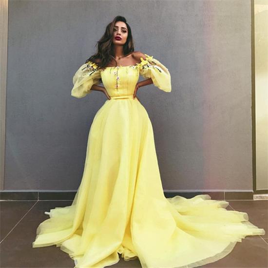 Yellow Off the Shoulder Half Sleeves Evening Dresses | New in Crystals Formal Dresses Online_3