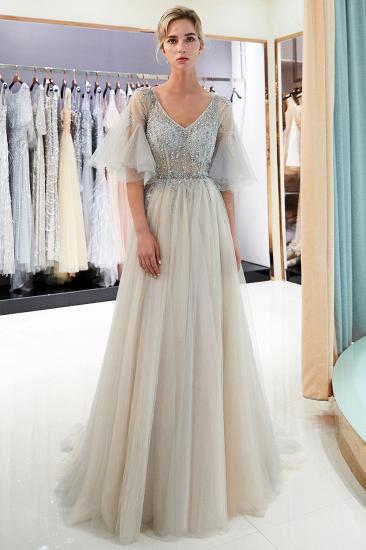 MARIE | A-line V-neck Floor Length Beading Tulle Evening Gowns with Sleeves_9