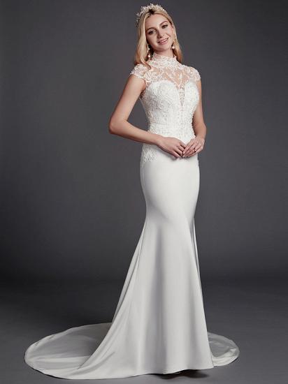 Sexy See-Through Mermaid Wedding Dress High-Neck Lace Satin Sleeveless Bridal Gowns Illusion Detail Backless with Court Train_3